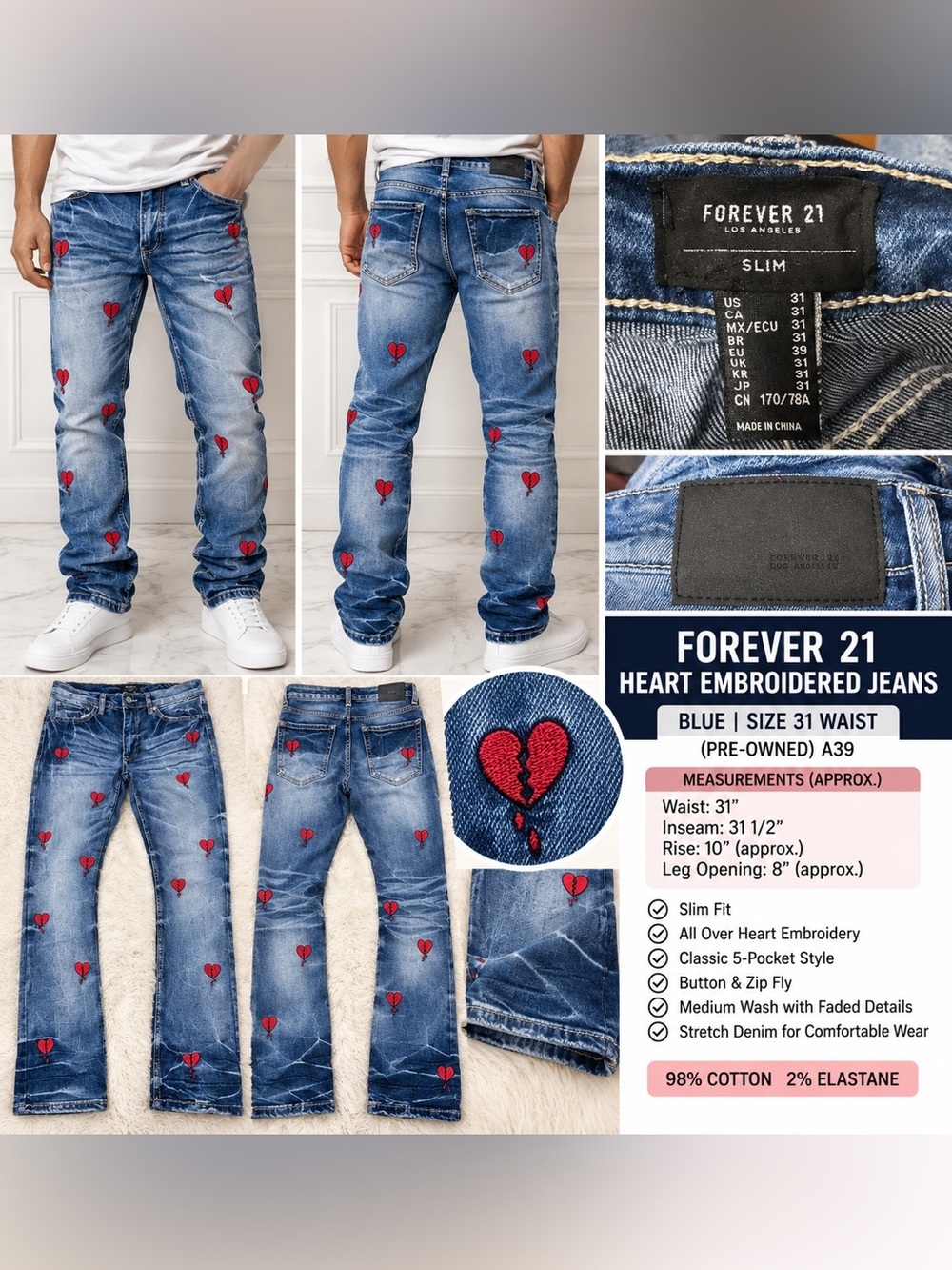FOREVER 21 MEN’S HEART EMBROIDERED JEANS – BLUE SIZE 31 (NEW WITH T) A39